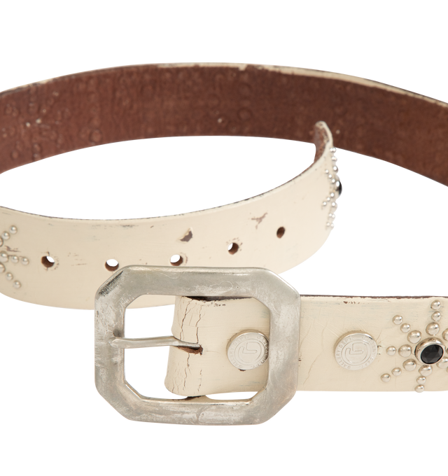 Image 2 of 3 - WHITE - GALLERY DEPT. Painted Studded Belt featuring distinctive peanut-shaped pattern, meticulously hand-placed studs, 'GALLERY DEPT.' studs across the length and hand-painted. With use, the paint will naturally chip and wear away. 100% leather. Made in USA.