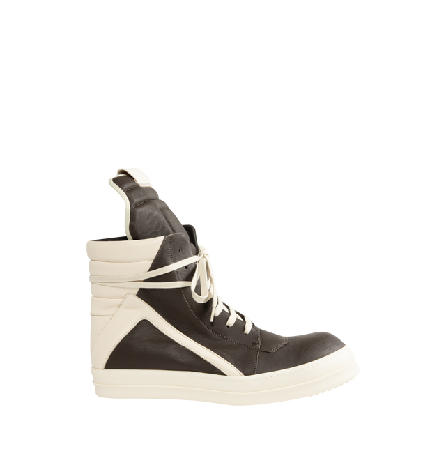 Image 1 of 5 - MULTI - Rick Owens Mens Geobasket High-Top Sneakers feature a full-grain cow leather upper. Designed with an above-ankle silhouette, extended tongue with webbing pull tab, signature geometric paneling, padded back counter, contrast laces, inner ankle zip closure, and shark-tooth thermoplastic rubber outsole. Upper: 100% Cow Leather; Lining: 100% Calf Leather; Insole: 100% Calf Leather; Outsole: 100% Thermoplastic Rubber. Sole Height: 3.5 cm. Made in Italy.