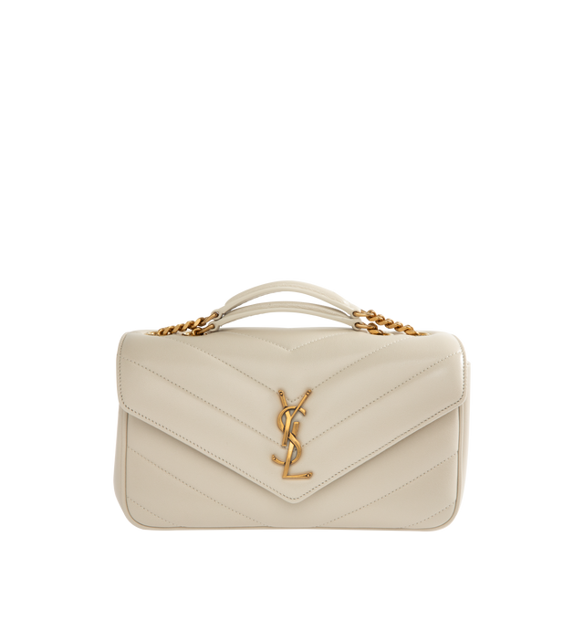 Image 1 of 4 - WHITE - SAINT LAURENT Loulou Small Bag featuring chain bag in soft lambskin with chevron-quilted topstitching, a removable leather pouch and pocket mirror, a sliding chain strap, grosgrain lining, bronze-toned hardware, magnetic snap closure and one flat pocket. 9.4" x 5.5" x 2.4". 90% lambskin, 10% brass. Made in Italy.