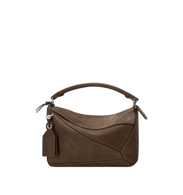 Image 1 of 5 - BROWN - LOEWE Small Featherlight Puzzle bag in grained nubuck featuring distinctive geometric lines and cuboid form, shoulder, crossbody or hand carry, detachable and adjustable strap with rotating dogclips, zip closure with articulated pull, one external zipped rear pocket, one internal slip pocket, detachable LOEWE embossed tag with secret pocket and balloon dice, baguette-shaped metal feet, nappa lambskin lining and embossed Anagram, LOEWE engraved internal plaque. Grained nubuck. 16.5 cm