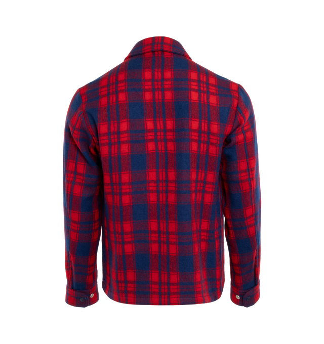 Image 2 of 2 - RED - MONCLER PLAID WOOL FLANNEL SHIRT features a bold checked pattern, a logo patch on the sleeve, chest flap pocket and a front zip closure. 