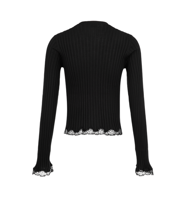 Image 2 of 3 - BLACK - Saint Laurent Women's Logo-Appliqud Lace-Trimmed Ribbed Knit Top is crafted from a luxurious blend of wool, cashmere, and silk and features a close-fitting, cropped silhouette designed to contour the body. Rendered in a finely ribbed knit, this lightweight and stretchy style is softened by delicate lace trim at the hem and cuffs, while a logo appliqu adds a subtle signature finish. Main Material: 35% Wool, 35% Cashmere, 30% Silk. Made in Italy.
