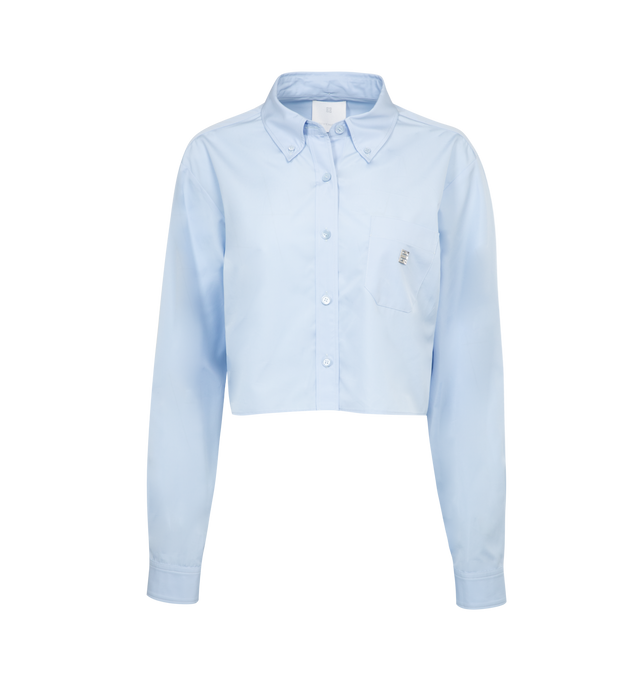 Image 1 of 2 - BLUE - GIVENCHY CROPPED SHIRT 4G features classic buttoned collar, button closure, buttoned cuffs, one chest pocket with 4G metal piece and a cropped fit. 100% cotton poplin. 