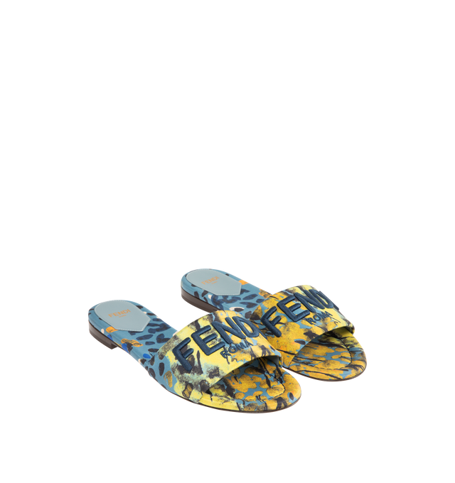 Image 2 of 4 - BLUE - FENDI Sunshine Slides featuring wide-band, silk printed with the multicolored Dew Drops pattern, tone-on-tone silk insole and blue yarn Fendi Roma embossed embroidery. 100% silk. Inside: 100% calfskin. Made in Italy.