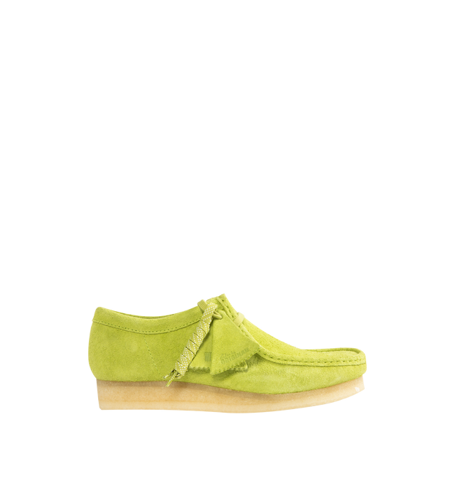 Image 1 of 4 - GREEN - CLARKS Wallabee Shoes featuring suede upper, moccasin construction, hand-stitched apron seams, lace closure, natural pebble crepe sole, branded fobs and embossed branding.