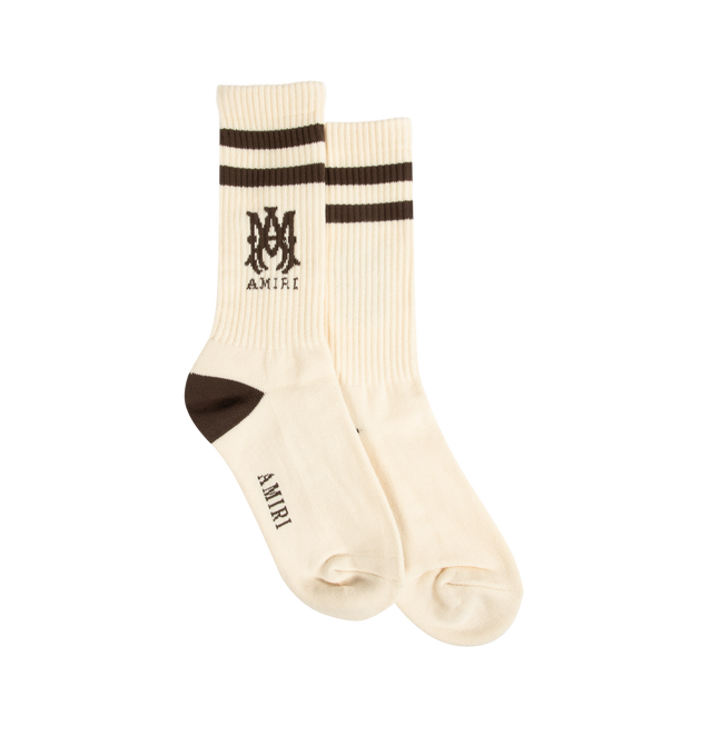 Image 1 of 2 - WHITE - AMIRI MA Stripe Socks featuring double stripes with the MA logo on the side and ribbed cuffs. 78% cotton, 20% polyester, 2% elastane.