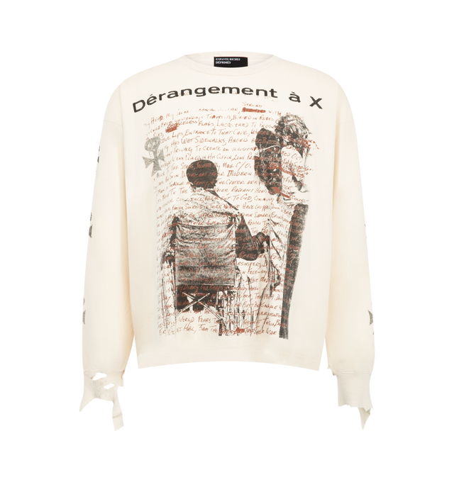Image 1 of 3 - NEUTRAL - Enfants Riches Dprims Mens Long-Sleeve T-Shirt is crafted from heavyweight cotton jersey. Features a boxy cropped fit, ribbed crew neckline, ribbed cuffs, single-stitch hem, printed artwork at the front, back, and sleeves, signature vintage wash, and distressed detailing throughout. Main Material: Cotton Jersey. Made in USA.