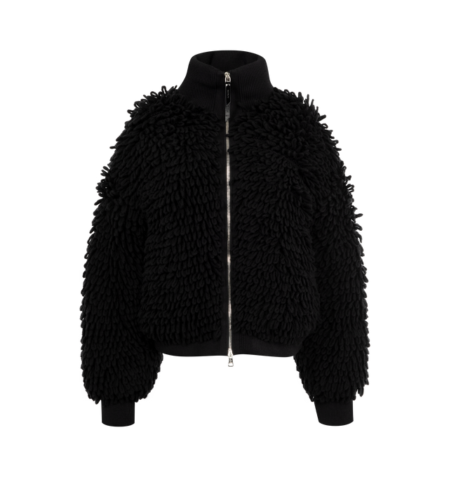Image 1 of 3 - BLACK - Moncler x EE72 by Edward Enninful Wool Blend Zip-Up Cardigan featuring a wool blend, nylon laqu lining, down-filled, gauge 3, ribbed stand collar, zipper closure, pockets with snap button closure and logo patch. 92% virgin wool, 8% acrylic. Lining: 100% polyamide/nylon. Padding 90% down, 10% feather. Made in Moldova.