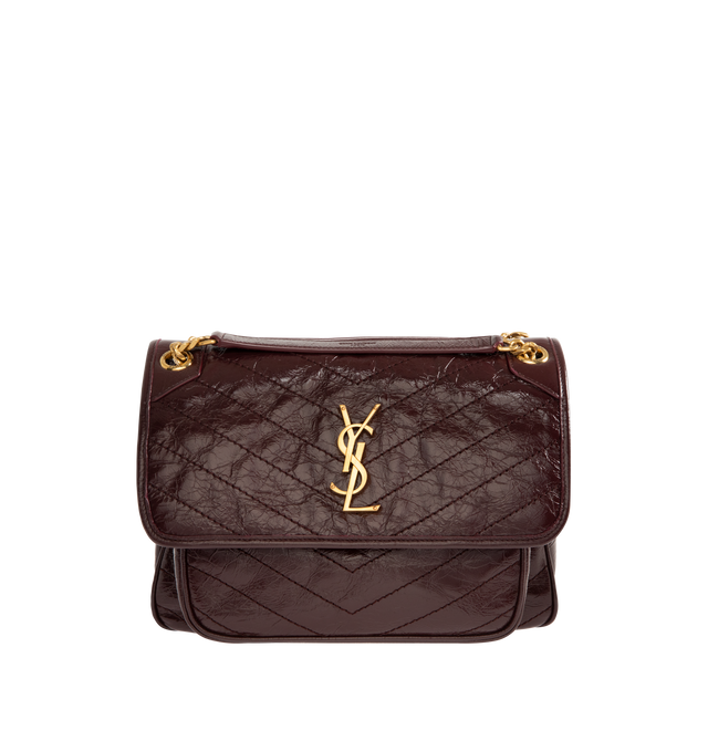 Image 1 of 4 - RED - NIKI Medium Bag in vintage leather featuring chevron-quilted topstitching, sliding leather-and-chain strap allows for both shoulder and crossbody carry, chrome-free, metal-free tanned leather, certified cotton lining, bronze-tone hardware, magnetic snap closure, one back pocket and one open pocket under flap. 11" x 7.9" x 3.3". Calfskin leather. Made in Italy.