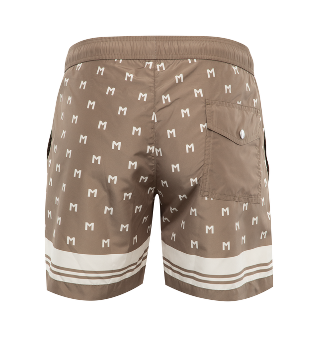 Image 2 of 3 - BROWN - MONCLER Monogram Print Swim Shorts featuring micro mesh lining, waistband with drawstring fastening, side pockets and back pocket. 100% polyester. Lining: 100% polyamide/nylon. Made in Albania. 