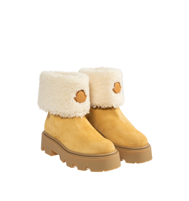Image 2 of 4 - BROWN - MONCLER Aurea Mid Suede & Shearling Boots featuring suede and long-haired sheepskin upper, long-haired sheepskin insole, TPU sole with EVA filler and leather welt. Calf length 13 cm. Sole height 4 cm.