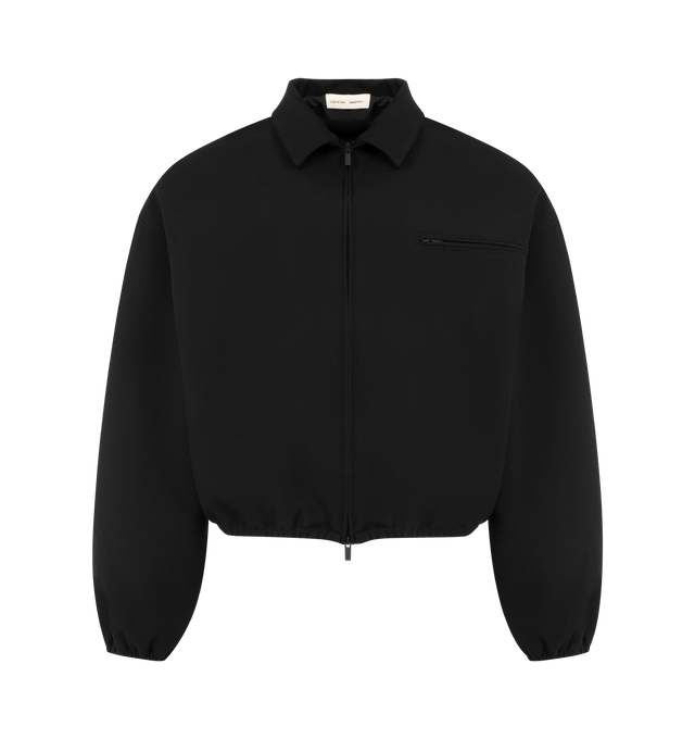 Image 1 of 3 - BLACK - FEAR OF GOD ESSENTIALS Bonded Canvas Jacket made from a bonded stretch fabric featuring a boxy, cropped fit with a shirt collar, full front zipper, and chest pocket with zip closure. Additionally, the Fear of God Essentials label is stitched at the back of the collar. 94% polyester, 6% spandex.