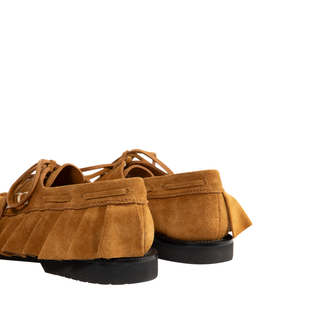 Image 3 of 4 - BROWN - JW Anderson Women's Ruffle Suede Boat Shoes. Crafted in Italy, this shoe features layered goat suede leather ruffles, finished with a blind-embossed JWA logo and refined with improved fitting for comfort. 100% Split Cow Suede.