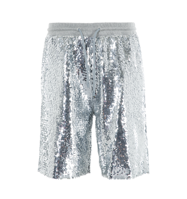 Image 1 of 4 - SILVER - LOEWE PAULA'S IBIZA Shorts crafted in medium-weight sequined cotton jersey in a relaxed fit, knee length, mid waist, wide leg featuring mirror sequins all-over, elasticated waist with drawstring and seam pockets. Main material Cotton/Elastan.  Made in: Portugal. Loewe Paula's Ibiza 2024 collection is inspired by the iconic Paula's boutique, synonymous with the counter cultural movement of 1970s Ibiza, captures the liberated vibe of summer with high impact prints, effortless styling,  