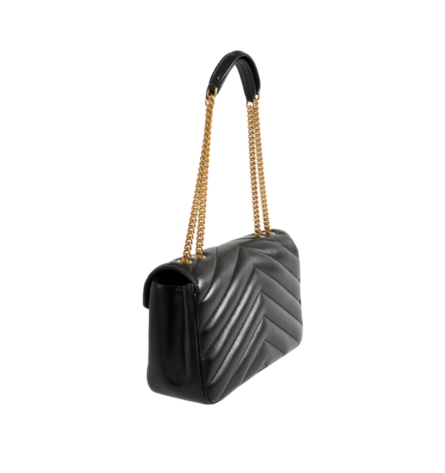 Image 2 of 4 - BLACK - SAINT LAURENT Loulou Medium Bag featuring chain bag in soft lambskin with chevron-quilted topstitching, removable leather pouch and pocket mirror, sliding chain strap, grosgrain lining, bronze-toned hardware, magnetic snap closure and one flat pocket. 11.4" x 6.7" x 3.1". Single strap drop: 17.7". Doubled strap drop: 8.7". Lambskin, brass. Made in Italy.