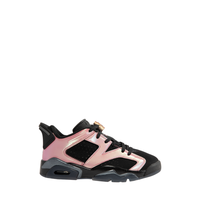 Image 1 of 5 - PINK - Air Jordan 6 Retro Low "Metamorphosis" Women's Shoes celebrate the 35th anniversary of the iconic AJ6 with a modern low-top silhouette inspired by Tinker Hatfield's original 1991 design. Featuring a sleek synthetic leather upper, visible Nike Air cushioning, and signature Jordan details, this commemorative style blends heritage performance with contemporary color blocking in Black and Desert Berry. Nods to Michael Jordan's championship-winning shoe include the iconic lace pocket, lac