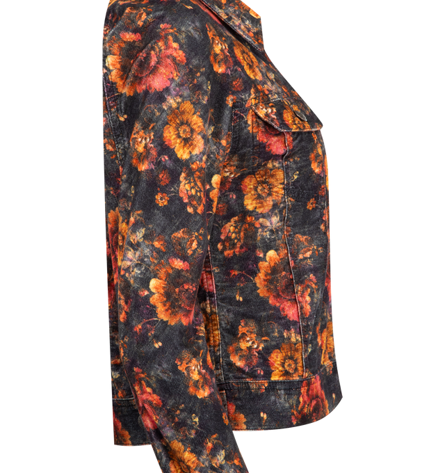 Image 3 of 3 - MULTI - R13 Floral Skinny Trucker Jacket featuring spread collar, front button placket, chest buttoned patch pockets, single button cuffs, adjustable waist tabs and floral print throughout. 98% cotton, 2% polyurethane.