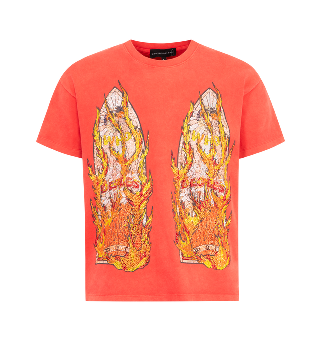 Image 1 of 2 - RED - WHO DECIDES WAR Rhinestone Flame Glass Jersey Tee featuring pull-on styling, short sleeves, crewneck, front and back graphic with rhinestone embellishments and midweight jersey. 100% cotton. Made in Turkey.