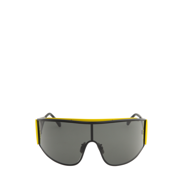 Image 1 of 3 - BLACK - LOEWE Speed Shield Sunglasses featuring shield-shape in a wraparound metal construction with a lens that extends into a distinctive triangle-shaped temple, complemented by contrast trim, universal fit, UVA/UVB protection and engraved LOEWE. Metal. Temple size: 12 cm. Made in Italy.