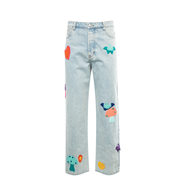Image 1 of 3 - BLUE - NAHMIAS Crochet Patchwork Jeans featuring stonewashed, multiple knit patches, logo patch to the rear, embroidery, wide leg, belt loops, fly and button fastening and classic five pockets. 100% cotton. 