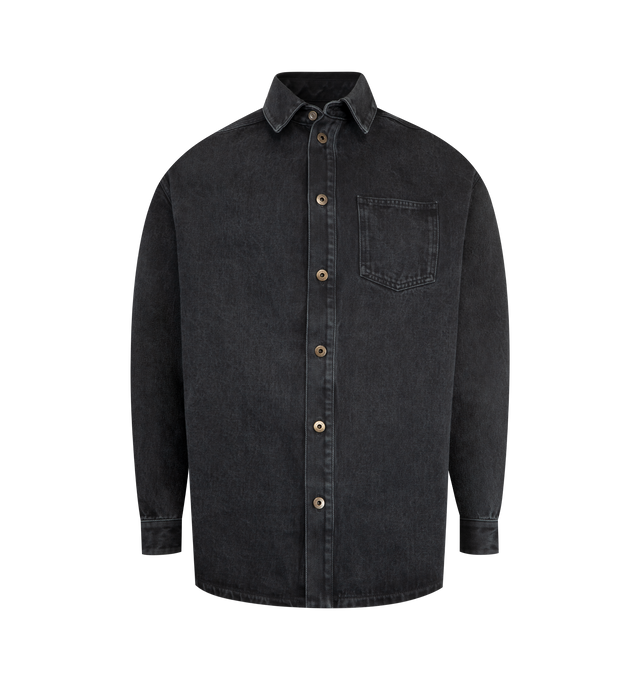 Image 1 of 2 - BLACK - LOEWE Anagram Overshirt in medium-weight cotton denim featuring an Anagram embroidery at the elbows, relaxed fit, regular length, classic collar, button front fastening and buttoned cuffs. Cotton. Made in Italy.
