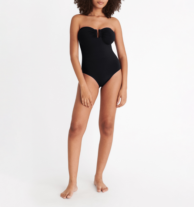 Image 3 of 6 - BLACK - ERES Cassiope One-Piece Bustier Swimsuit featuring bust shirring at front and sides, U-shaped metal link between cups and gripper tape. Main: 84% Polyamid, 16% Spandex. Second: 68% Polyamid, 32% Spandex. Made in Italy. 