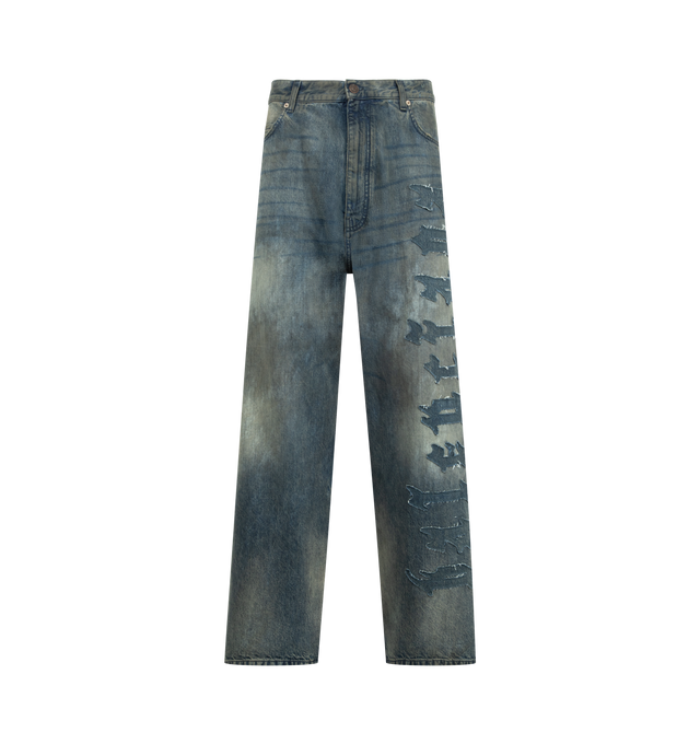 Image 1 of 4 - GREY - BALENCIAGA Minimal Baggy Pants featuring cotton denim, washed and worn-out effect, mid-waist, covered zip fly, 5 belt loops, 3 front pockets, 2 back yokes with inside pockets, Balenciaga engraved flex button, Balenciaga Jeans patch at back and gothic denim artwork patch on left leg. 100% cotton. Made in Italy.