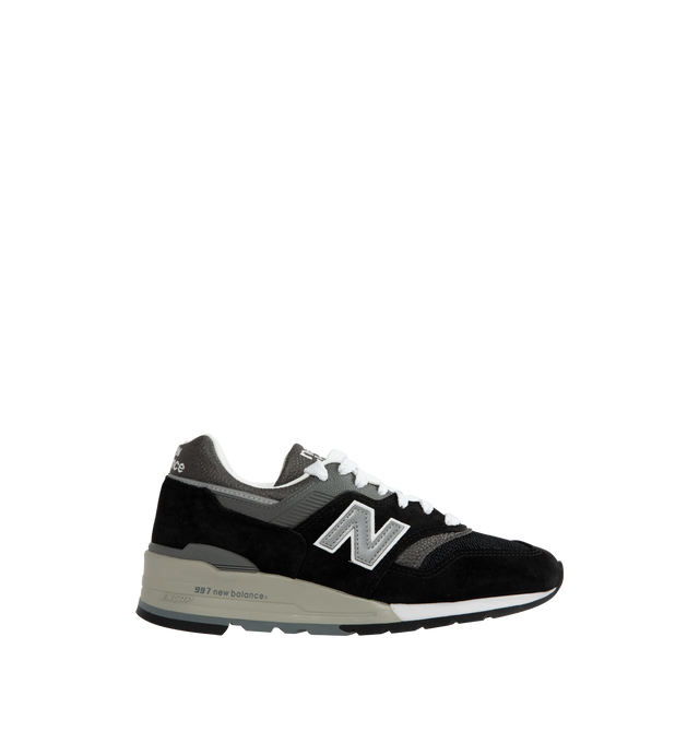 Image 1 of 5 - BLACK - NEW BALANCE 997 Core Sneaker featuring leather and textile uppers, lightweight EVA midsole, synthetic rubber soles, lace up closure and branding throughout.