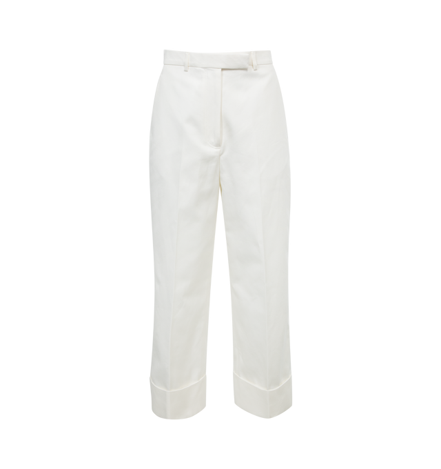 Image 1 of 3 - WHITE - THOM BROWNE tailored trouser with a shortened hem, tab front closure, slip side pockets, button-fastening back welt pockets, and signature striped grosgrain loop tab. 100% Cotton. 