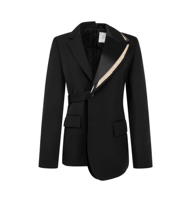 Image 1 of 2 - BLACK - Sacai Women's Silk Cotton asymmetric blazer features an overlapping satin-trimmed lapel and a wrapped side-tie detail. Materials: 54% Silk, 46% Cotton, Attached Parts: 55% Polyester, 45% Wool.