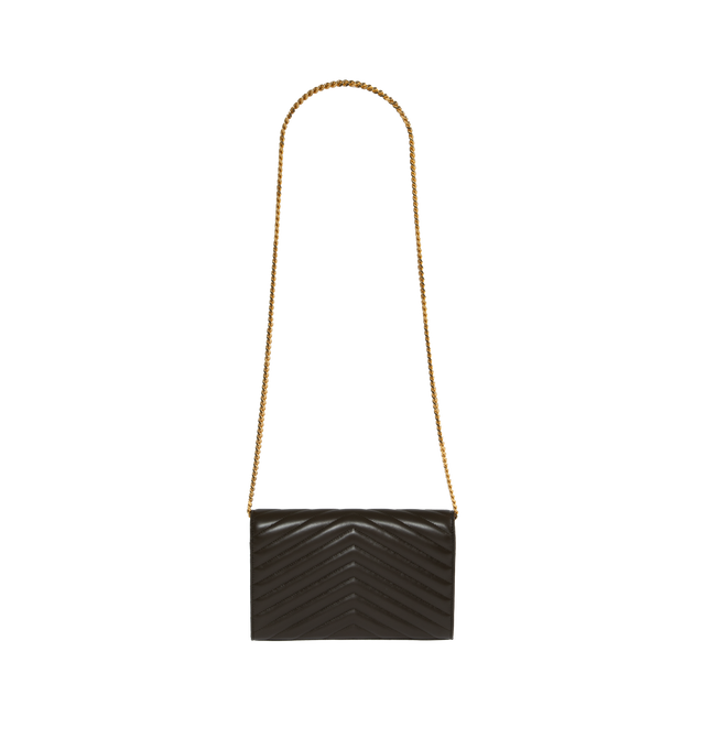 Image 2 of 3 - GREEN - SAINT LAURENT Monogram Chain Wallet featuring front flap, snap button closure, quilted overstitching and removable chain shoulder strap. 8.8 X 5.5 X 1.5 inches. Strap drop: 18.9 inches. 100% lambskin. Made in Italy.  
