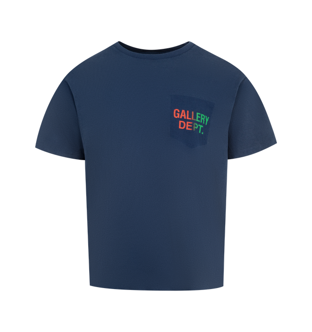 Image 1 of 2 - NAVY - GALLERY DEPT. Boardwalk Tee featuring relaxed fit, round neck, ribbed trim at neck, dropped shoulders, short sleeves, chest pocket with brand print at front, glitter-embellished logo print at back and jersey texture. 100% cotton. Made in USA.