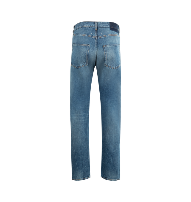 Image 2 of 3 - BLUE - MAISON MARGIELA Tapered Leg Jeans featuring a faded wash, rectangular patch and stitch detail at the upper thigh, straight leg and four stitches at the back. 100% cotton. Made in Italy.