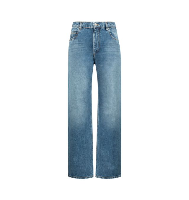 Image 1 of 3 - BLUE - ISABEL MARANT Dromie Jean featuring 5-pocket straight-leg cotton denim jeans, fitted waistband with loops, "Isabel Marant" engraved metal button and concealed zipper fly, leather label in back with an embossed "Isabel Marant" logo, relaxed straight legs and medium-rise waist. 100% cotton.
