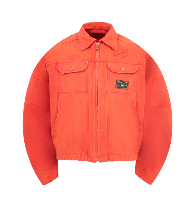Image 1 of 3 - RED - WILLY CHAVARRIA Stockton Work Jacket featuring an oversized fit, structured design, two chest flap pockets with button closures, full zip front with a high collar and embroidered logo detail on the front. 100% cotton canvas. Made in the USA.