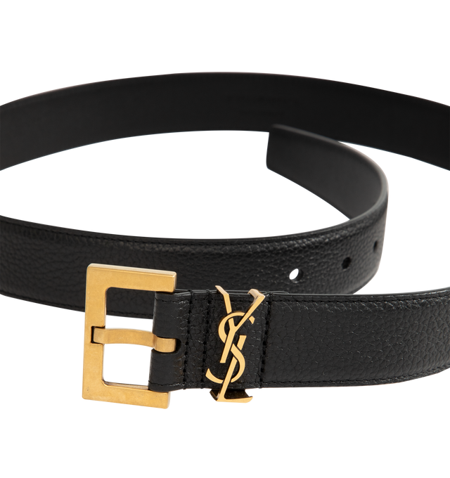 Image 2 of 2 - BLACK - SAINT LAURENT Cassandre Belt featuring removable square buckle, metal Saint Laurent cassandre loop and bronzed toned hardware. 1.2 inches. 100% calfskin leather. Made in Italy.