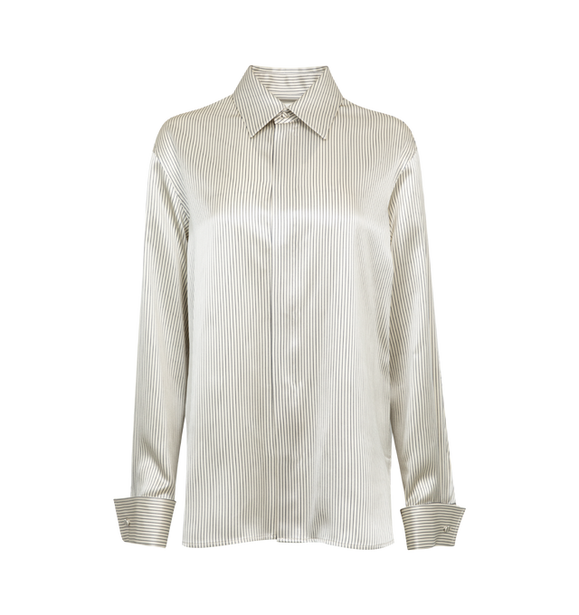 Image 1 of 4 - WHITE - SAINT LAURENT Boyfriend Shirt featuring concealed front button closure, pointed collar, one button french cuffs and curved stepped hem. 100% silk. Made in Italy.  