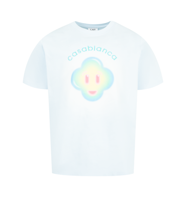 Image 1 of 2 - BLUE - CASABLANCA Airbrush Smiley Classic T-Shirt featuring organic cotton jersey, a tie dye inspired logo is printed using the technique of airbrushing, crewneck and ribbed trims. 100% organic cotton. Made in Portugal.