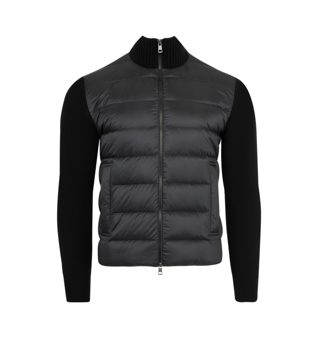 Image 1 of 3 - BLACK - MONCLER Padded Wool & Cashmere Zip-Up Cardigan featuring a wool and cashmere blend, micro chic nylon lining, down-filled front, interlock knit, gauge 12, zipper closure, zipped pockets with an embossed leather trim and leather logo patch. 100% polyester. 90% virgin wool, 10% cashmere. Padding: 90% down, 10% feather. Made in Moldova.