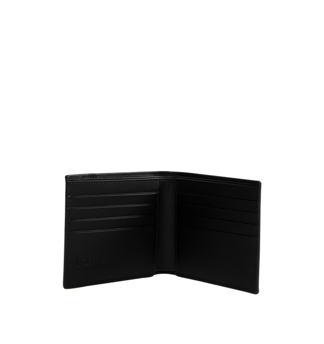 Image 3 of 3 - BLACK - Loewe Men's Puzzle bifold wallet in classic calfskin leather inspired by the Puzzle bag's distinctive geometric pattern. Features eight card slots, two large note pockets, two flat pockets, calfskin lining and embossed Anagram. Made in Spain. Height 9.9cm X Width 11cm X Depth 1.8cm.