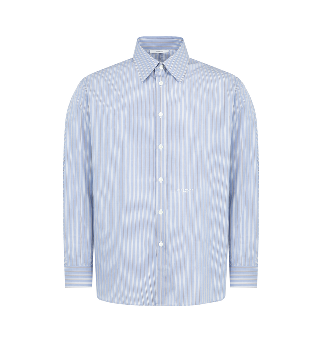 Image 1 of 2 - NAVY - GIVENCHY Couture Seam Overshirt featuring long-sleeves, classic collar, button closure, stripes throughout and couture seams for a rounded proportion. 100% cotton.