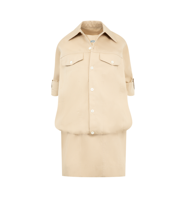 Image 1 of 3 - NEUTRAL - LOEWE Dress in lightweight cotton and silk gabardine featuring a layered construction with a shirt over a tank top, relaxed fit, short length, classic collar, button front fastening and double L embroidery placed on the chest. Cotton/silk. Made in Italy.