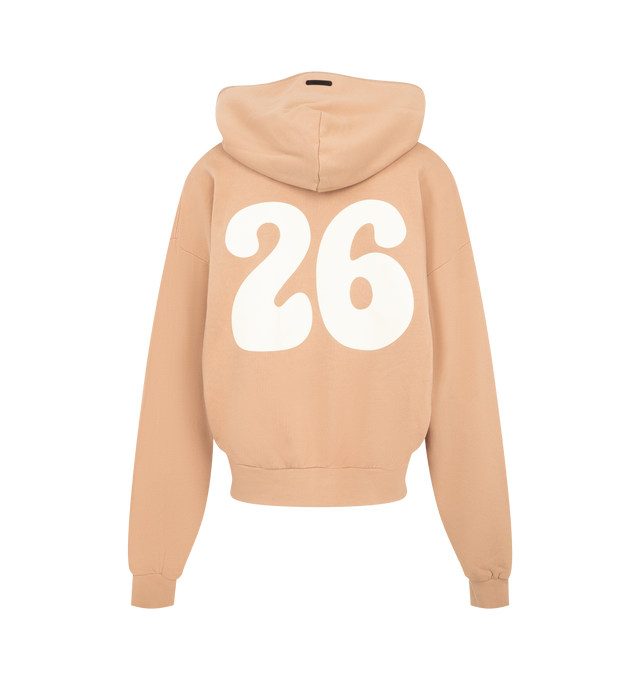 Image 2 of 2 - ORANGE - Fear of God Essentials Womens 90s Full Zip Hoodie is crafted from heavyweight 390 GSM cotton fleece with a pigment-dyed finish. Features a relaxed cropped fit, full-zip closure, dropped shoulders, rib-knit cuffs and hem, kangaroo pocket, contrasting stitching, puff-printed front graphic, back graphic, and Essentials label at the hood. Main Material: 100% Cotton.