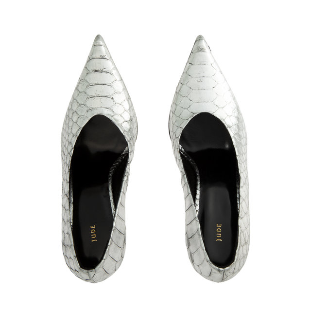 Image 4 of 4 - SILVER - Jude Women's Kiss Pump is crafted from genuine python leather and features a pointed-toe silhouette, a sculpted lifted collar, and a slender stiletto heel. Designed to make a statement, this elegant pump combines exotic texture with a sleek, refined profile. Main Material: Genuine Python Skin. Heel Height: 10.5 cm / 4.1 in. Made in Portugal.