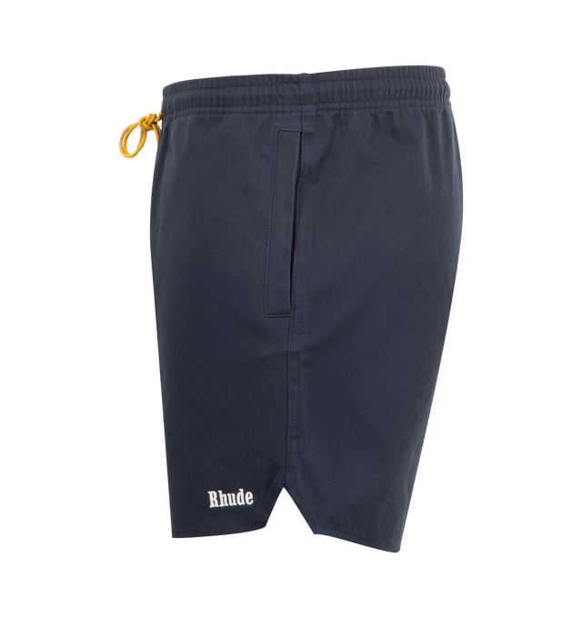 Image 3 of 3 - NAVY - RHUDE Classic Logo Twill Short featuring elastic waist with drawstring, side pockets, back patch pocket and vented hem at seams.