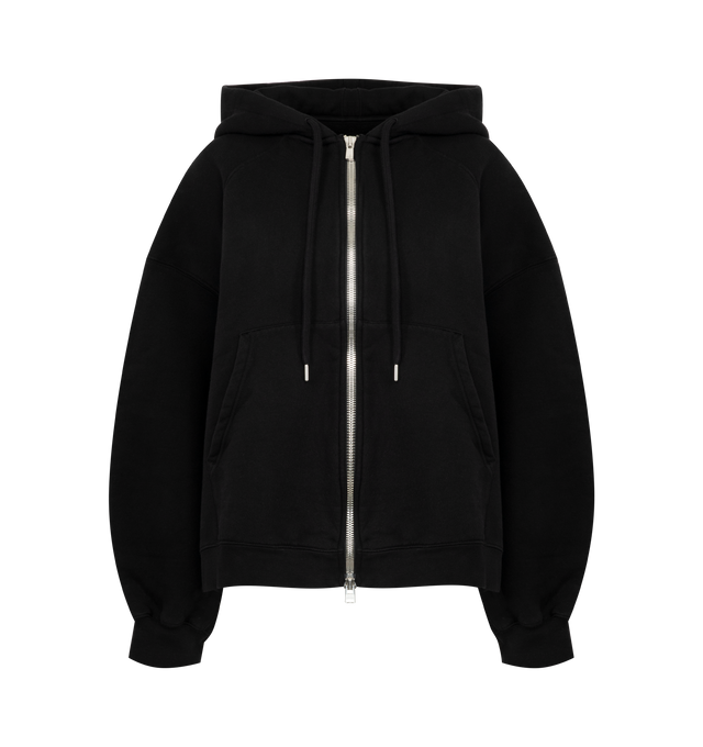 Image 1 of 2 - BLACK - RUADH The Scott Hoodie featuring a softly-rounded silhouette, cut in washed organic cotton. The fluid shape has the ease and versatility of a classic hoodie but with thoughtful, sculptural detailing. The Scott features a two-way zipper for styling options, drawcord at hood to cinch, and RADH emblem embroidery at sleeve edge. 100% organic cotton. Made in Portugal.