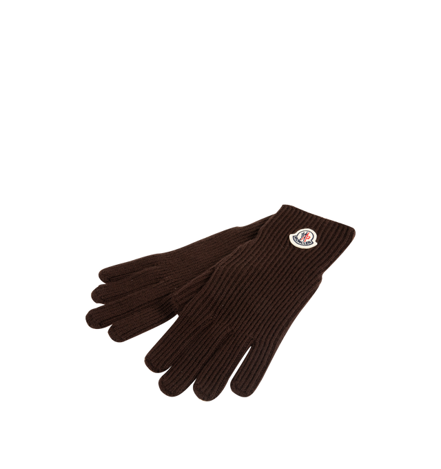 Image 2 of 3 - BROWN - MONCLER Wool Gloves featuring ultra-fine wool, brioche stitch, gauge 7 and a logo patch. 100% virgin wool. Made in Italy.
