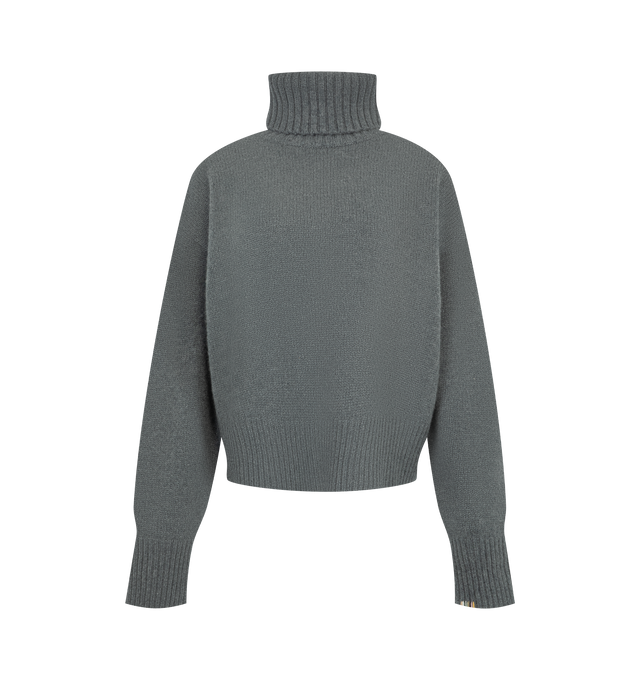 Image 1 of 2 - GREY - Extreme Cashmere Women's Crop Xtra Sweater is crafted from cashmere and features a cropped silhouette, drop shoulders, and a plush heavy-knit construction. Designed with a cozy turtleneck, this relaxed style is finished with ribbed detailing at the neckline, cuffs, and hem for a refined everyday fit. Main Material: 100% Cashmere. *This garment is one size and suits XS L best.