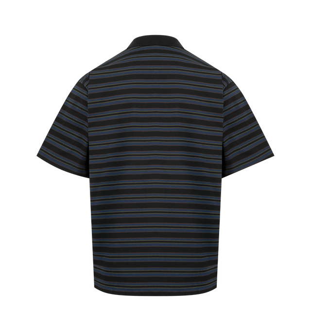 Image 2 of 2 - NAVY - SACAI Horizontal Stripe T-shirt featuring quarter zip polo collar, short sleeves and stripes thoughout. Made in Japan.