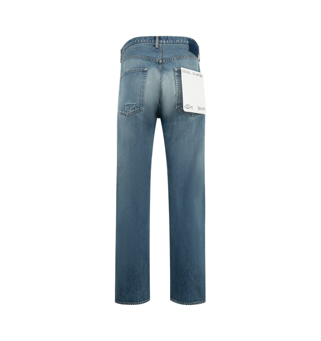 Image 2 of 3 - BLUE - VISVIM Social Sculpture 01 Wide Damaged Jean 43 featuring 14 oz. denim, damaged finish, regular fit, straight leg silhouette, high-rise and button fly. 100% cotton.